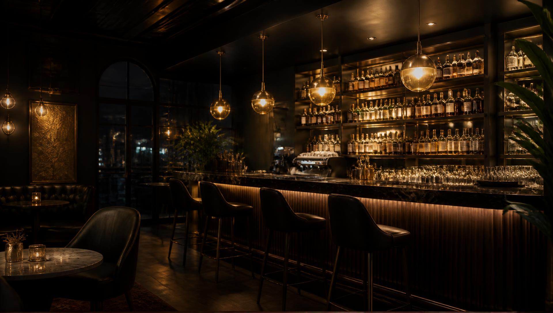 Atmospheric interior of Home cafe bar with warm golden lighting and dark tones